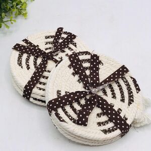 One Set of 4 Rope Coffee Coasters Cotton Brown Polka Dot Boho Cottage Core 4.5"